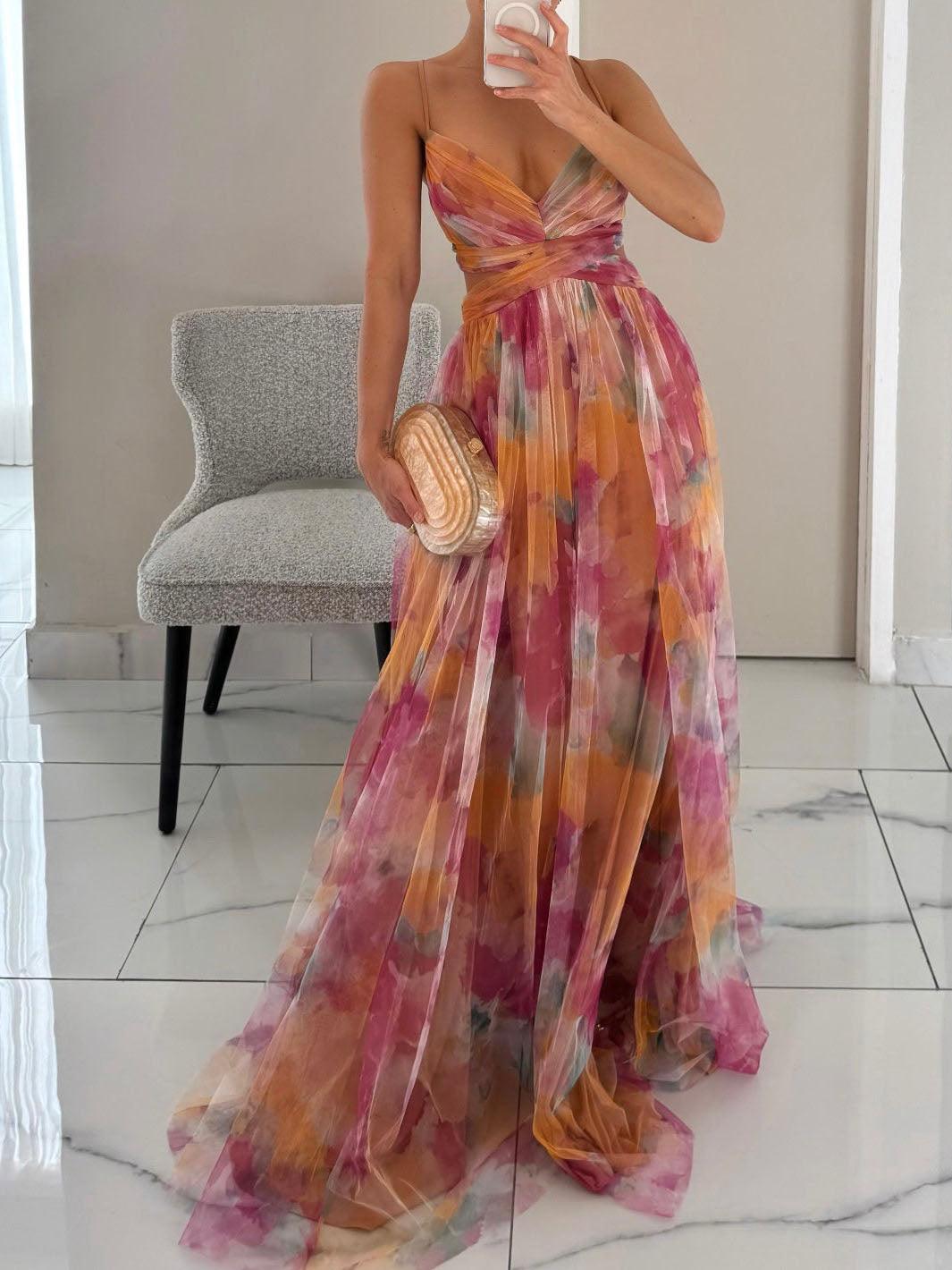 Elegant Watercolor Floral Maxi Dress for Women with V Neck Spaghetti Strap Crisscross Waist Wedding Guest Style
