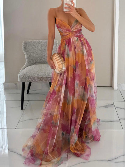Elegant Watercolor Floral Maxi Dress for Women with V Neck Spaghetti Strap Crisscross Waist Wedding Guest Style