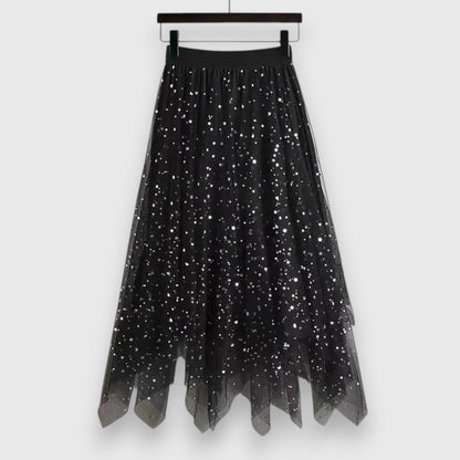 Elegant Midi Skirt for Women with Elastic High Waist Sparkle Tulle Asymmetric Handkerchief Hem Casual Style