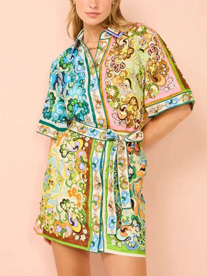 Elegant Multicolor Paisley Print Mini Dress for Women with Collared Short Sleeve Belted Retro Style