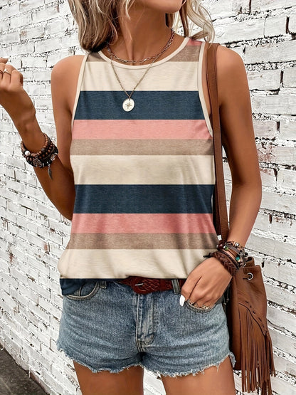 Effortless Striped Colorblock Tank for Women with Crew Neck Sleeveless Relaxed Boho Style