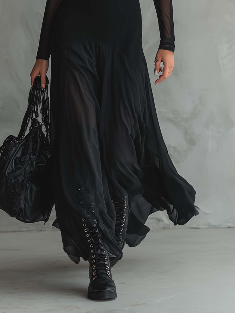 Elegant Black Mesh Maxi Dress for Women with High Neck Long Sleeve Sheer Flowing Gothic Style