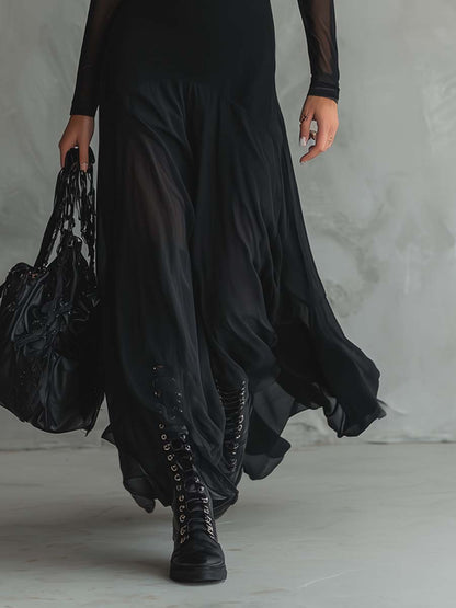 Elegant Black Mesh Maxi Dress for Women with High Neck Long Sleeve Sheer Flowing Gothic Style