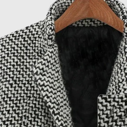 Elegant Gray Houndstooth Tweed Coat for Women with Notched Lapel Long Sleeve Longline Relaxed Style