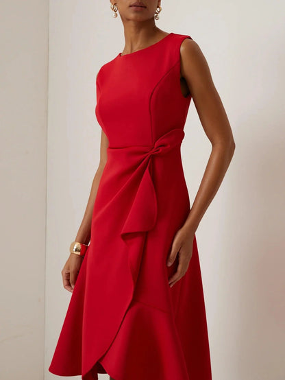Elegant Draped Sheath Midi Dress for Women with Boat Neck Sleeveless Ruffle Hem Cocktail Style