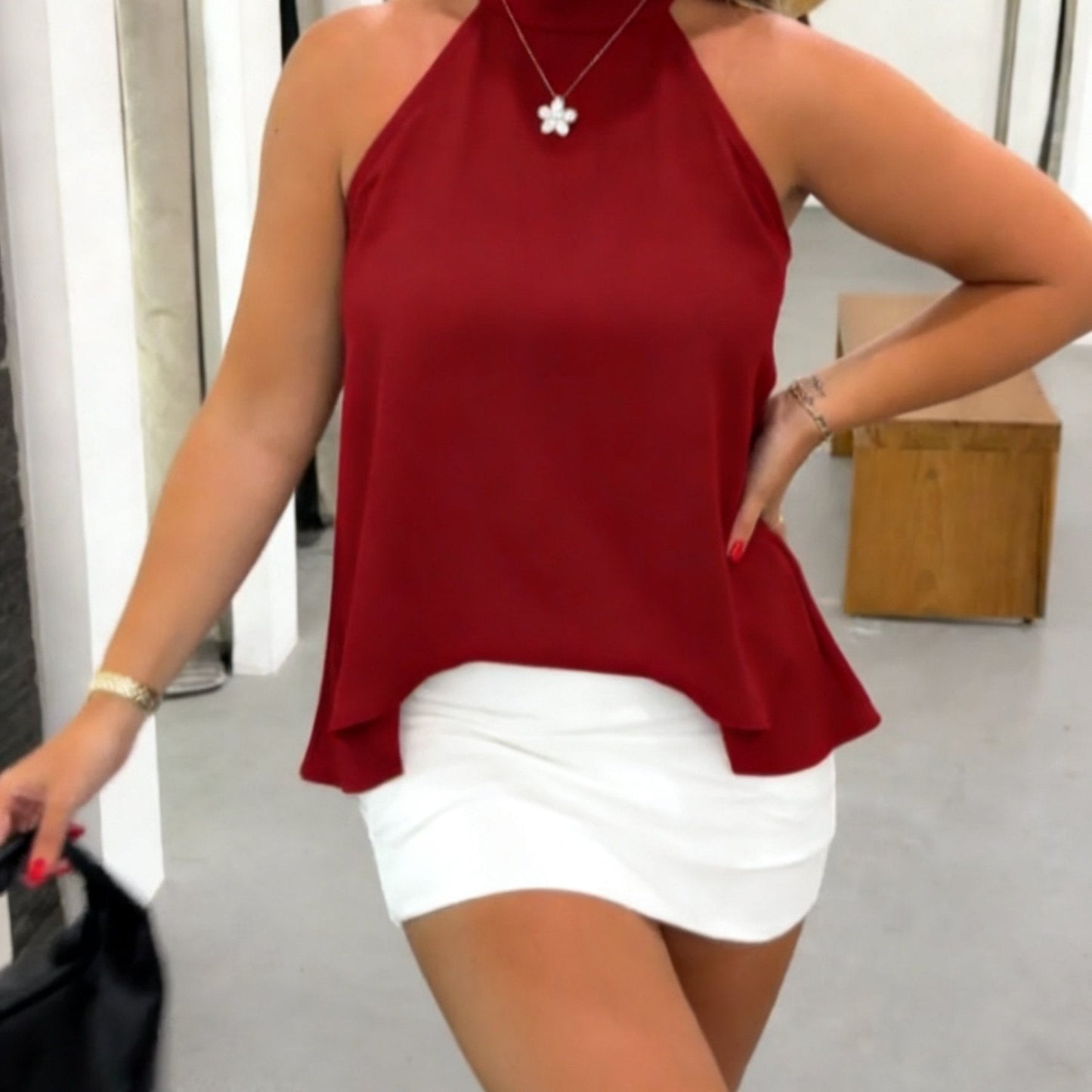 Effortless Satin Halter Top for Women with Mock Neck Sleeveless Flowing Swing Style