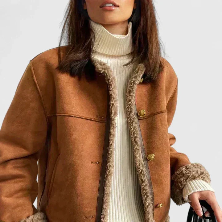 Elegant Brown Shearling Trim Jacket for Women with Round Neck Long Sleeve Button Front Relaxed Style