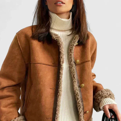 Elegant Brown Shearling Trim Jacket for Women with Round Neck Long Sleeve Button Front Relaxed Style
