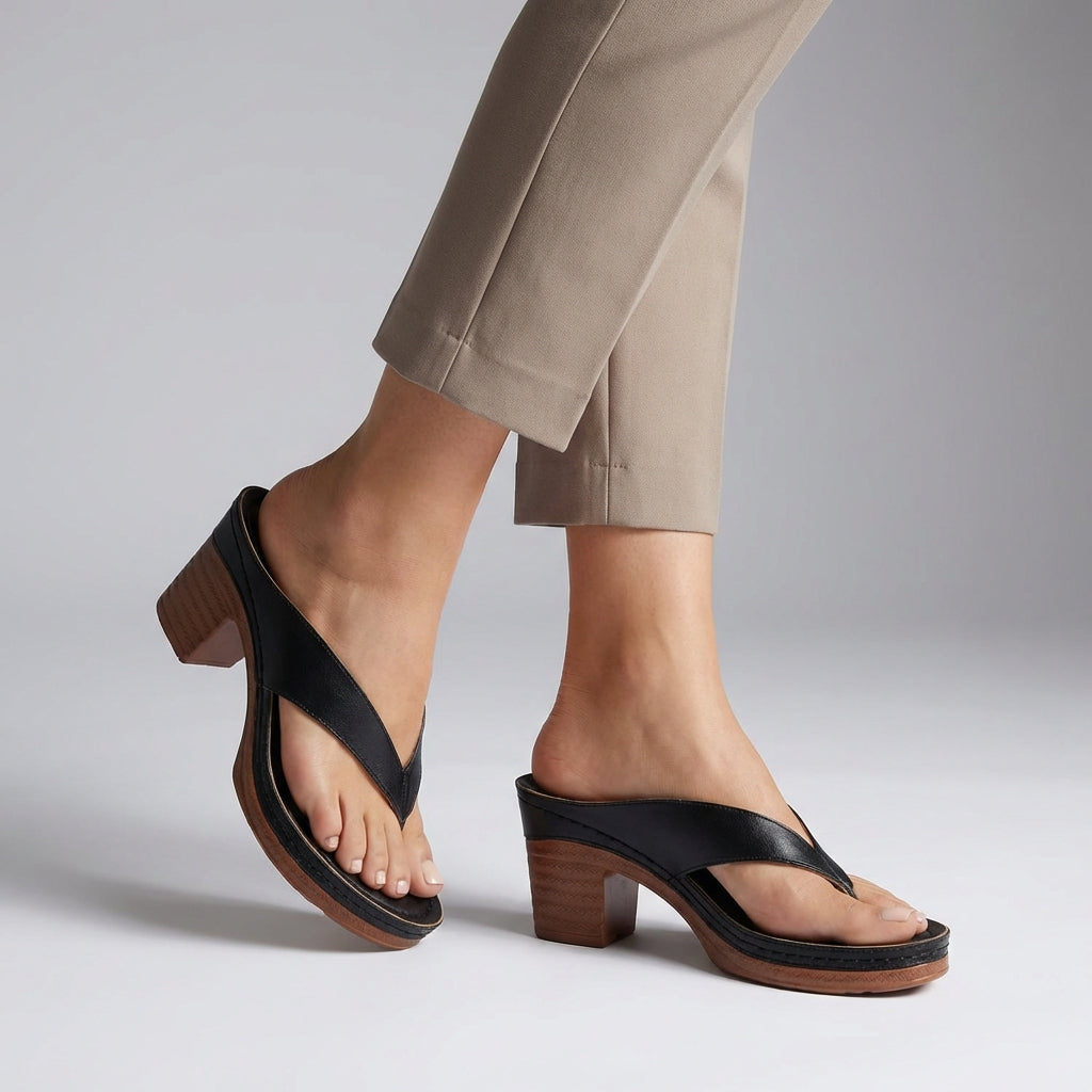 Stylish Black Leather Platform Sandal for Women with Thong Strap Block Heel Stacked Wood Style