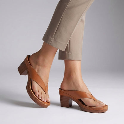 Stylish Black Leather Platform Sandal for Women with Thong Strap Block Heel Stacked Wood Style