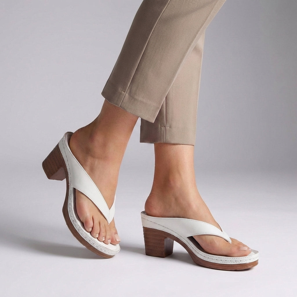 Stylish Black Leather Platform Sandal for Women with Thong Strap Block Heel Stacked Wood Style