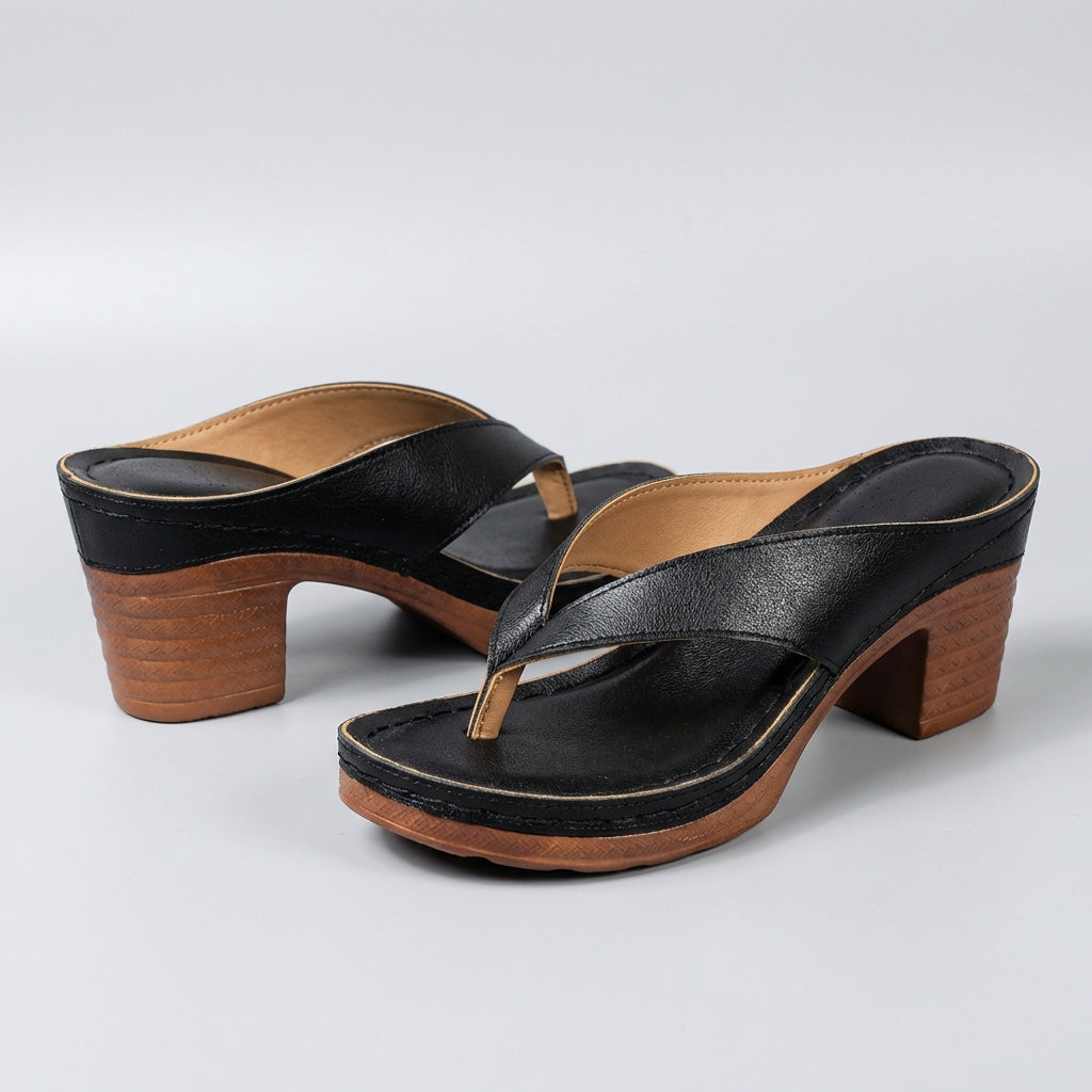 Stylish Black Leather Platform Sandal for Women with Thong Strap Block Heel Stacked Wood Style