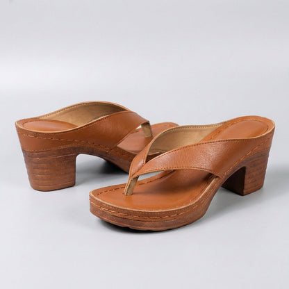 Stylish Black Leather Platform Sandal for Women with Thong Strap Block Heel Stacked Wood Style