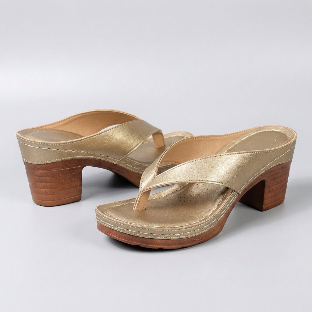 Stylish Black Leather Platform Sandal for Women with Thong Strap Block Heel Stacked Wood Style