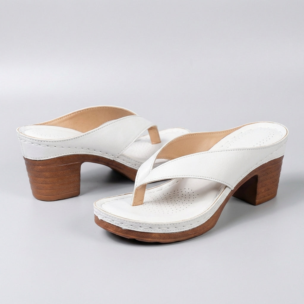 Stylish Black Leather Platform Sandal for Women with Thong Strap Block Heel Stacked Wood Style