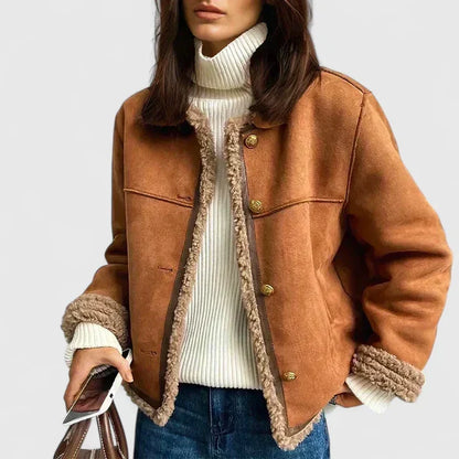 Elegant Brown Shearling Trim Jacket for Women with Round Neck Long Sleeve Button Front Relaxed Style