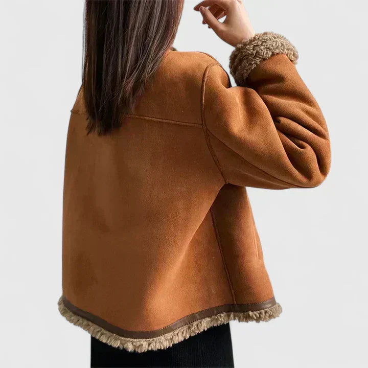 Elegant Brown Shearling Trim Jacket for Women with Round Neck Long Sleeve Button Front Relaxed Style