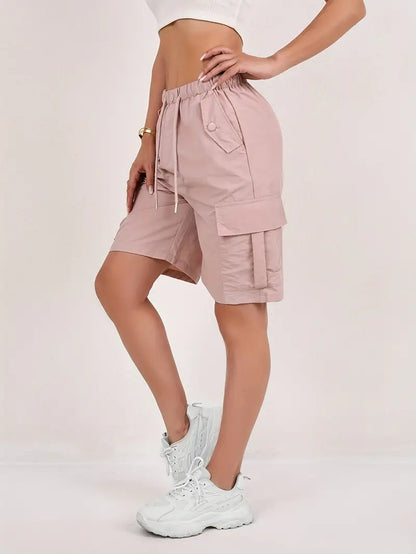 Effortless Pink Cargo Shorts for Women with High Waist Drawstring Relaxed Bermuda Style
