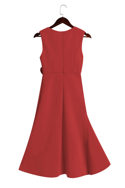 Elegant Draped Sheath Midi Dress for Women with Boat Neck Sleeveless Ruffle Hem Cocktail Style