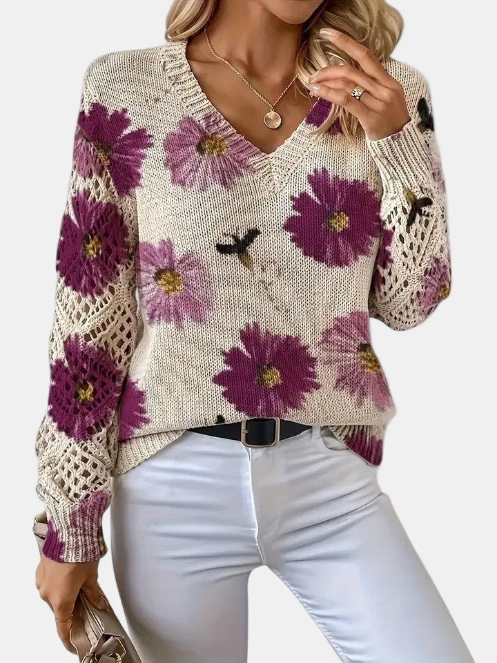 Comfortable Floral Print Sweater for Women with V Neck Long Sleeve Crochet Panel Oversized Knit Style