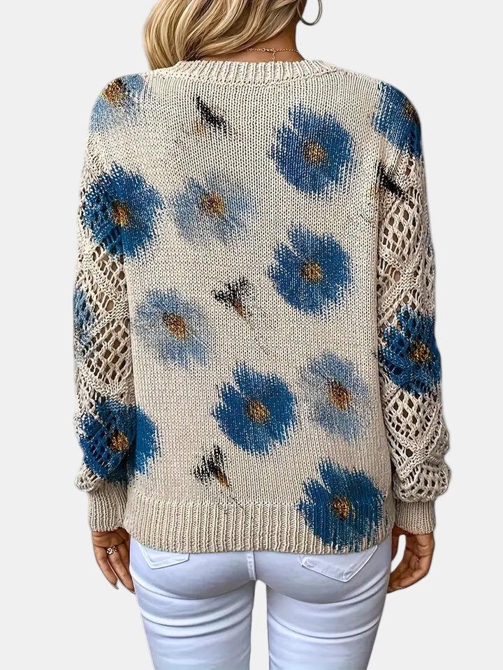 Comfortable Floral Crochet Sweater for Women with V Neck Long Sleeve Relaxed Oversized Knit Style