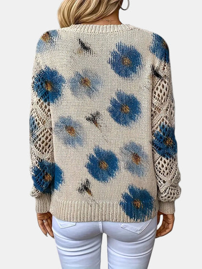 Comfortable Floral Crochet Sweater for Women with V Neck Long Sleeve Relaxed Oversized Knit Style