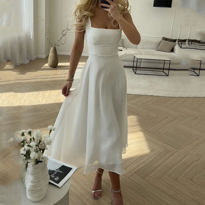 Elegant Chiffon Midi Dress for Women with Square Neck Sleeveless Fit And Flare Cocktail Style