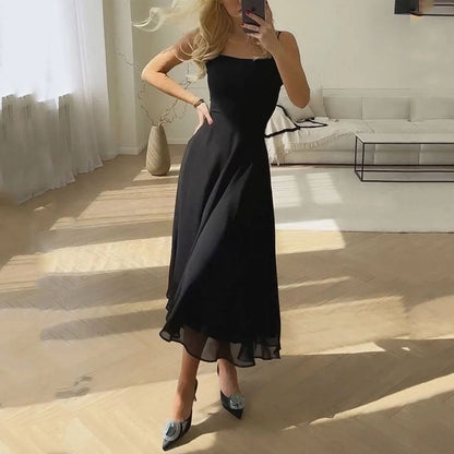 Elegant Chiffon Midi Dress for Women with Square Neck Sleeveless Fit And Flare Cocktail Style