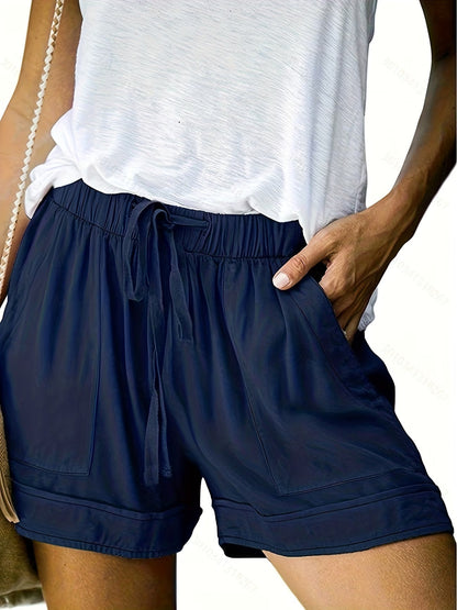 Effortless Drawstring Shorts for Women with Elastic Waist Patch Pocket Relaxed Casual Style
