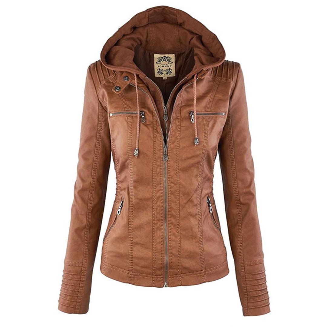Effortless Faux Leather Moto Jacket for Women with Detachable Hood Long Sleeve Zip Front Casual Style