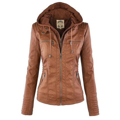 Effortless Faux Leather Moto Jacket for Women with Detachable Hood Long Sleeve Zip Front Casual Style