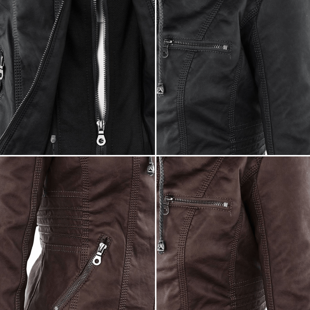 Effortless Faux Leather Moto Jacket for Women with Detachable Hood Long Sleeve Zip Front Casual Style