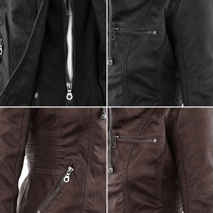 Effortless Faux Leather Moto Jacket for Women with Detachable Hood Long Sleeve Zip Front Casual Style