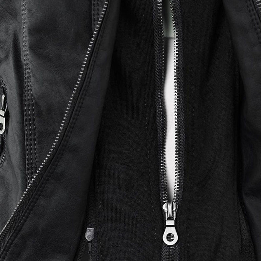 Effortless Faux Leather Moto Jacket for Women with Detachable Hood Long Sleeve Zip Front Casual Style