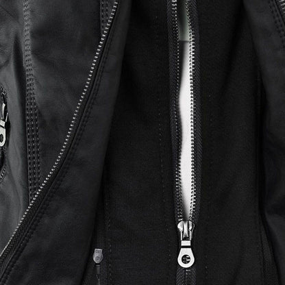 Effortless Faux Leather Moto Jacket for Women with Detachable Hood Long Sleeve Zip Front Casual Style