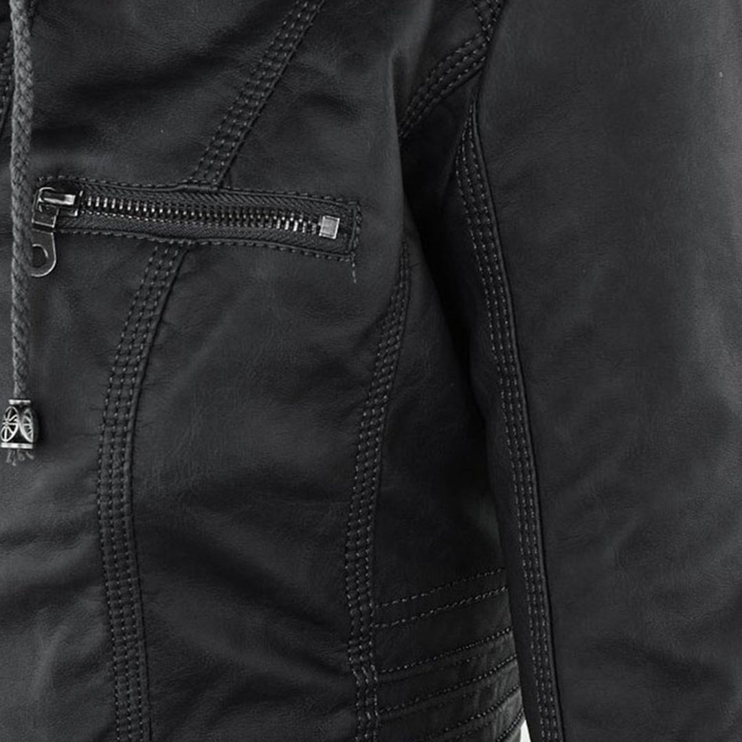 Effortless Faux Leather Moto Jacket for Women with Detachable Hood Long Sleeve Zip Front Casual Style