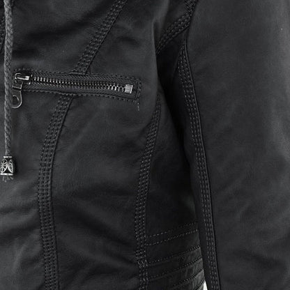 Effortless Faux Leather Moto Jacket for Women with Detachable Hood Long Sleeve Zip Front Casual Style