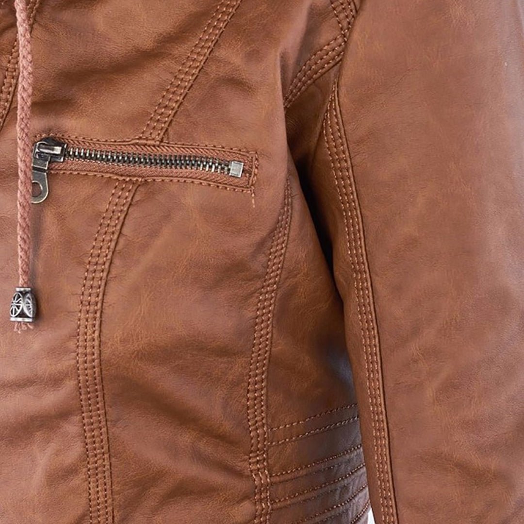 Effortless Faux Leather Moto Jacket for Women with Detachable Hood Long Sleeve Zip Front Casual Style