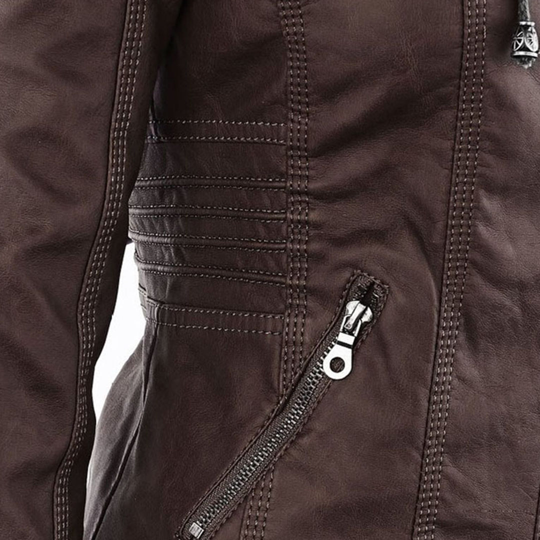 Effortless Faux Leather Moto Jacket for Women with Detachable Hood Long Sleeve Zip Front Casual Style