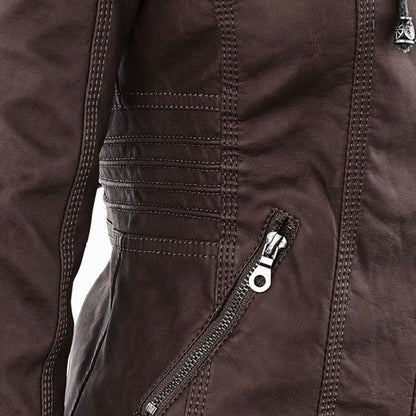 Effortless Faux Leather Moto Jacket for Women with Detachable Hood Long Sleeve Zip Front Casual Style
