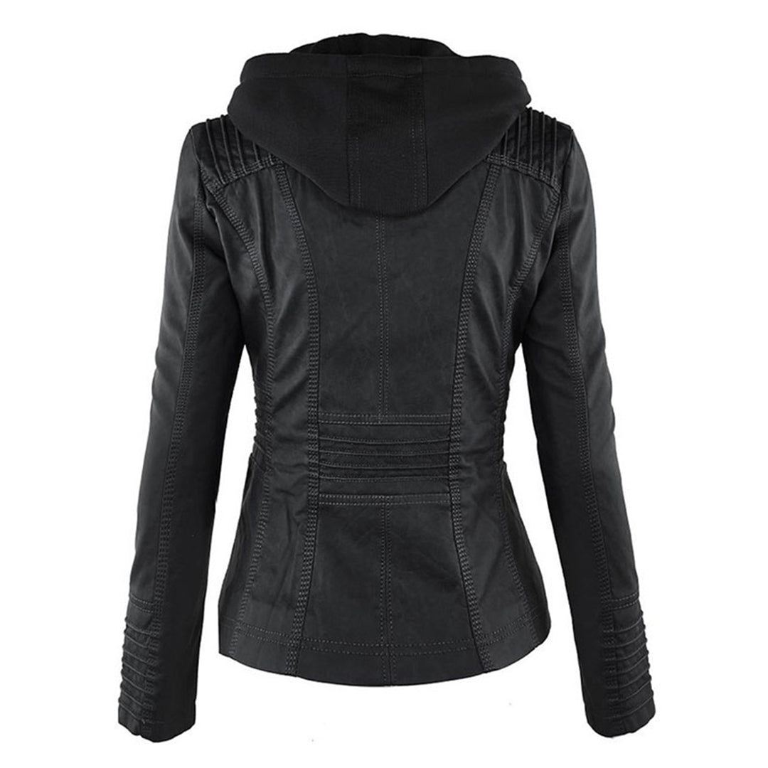 Effortless Faux Leather Moto Jacket for Women with Detachable Hood Long Sleeve Zip Front Casual Style