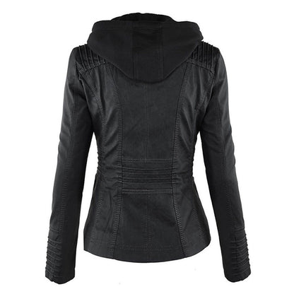 Effortless Faux Leather Moto Jacket for Women with Detachable Hood Long Sleeve Zip Front Casual Style