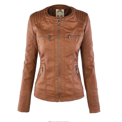 Effortless Faux Leather Moto Jacket for Women with Detachable Hood Long Sleeve Zip Front Casual Style