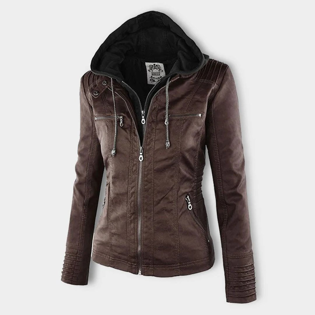 Effortless Faux Leather Moto Jacket for Women with Detachable Hood Long Sleeve Zip Front Casual Style