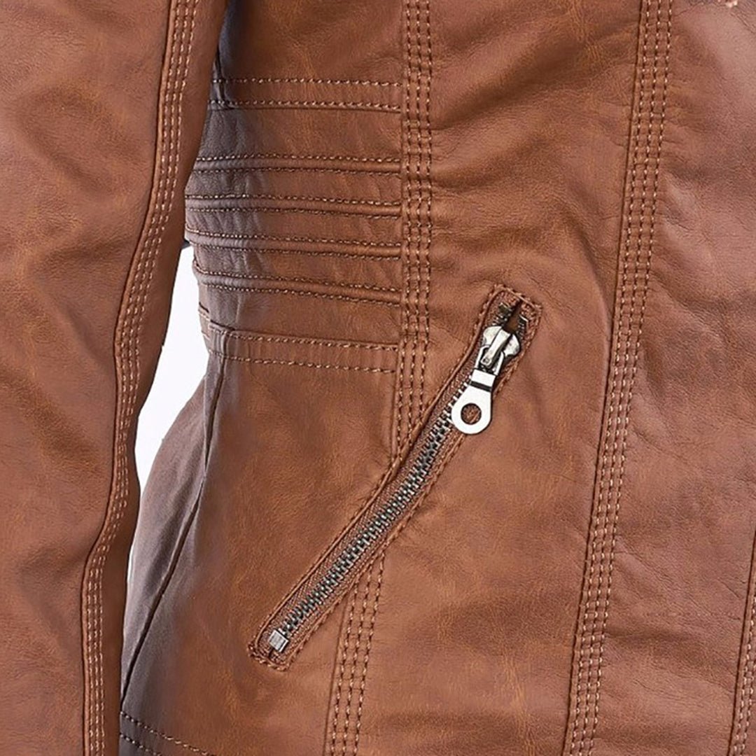 Effortless Faux Leather Moto Jacket for Women with Detachable Hood Long Sleeve Zip Front Casual Style