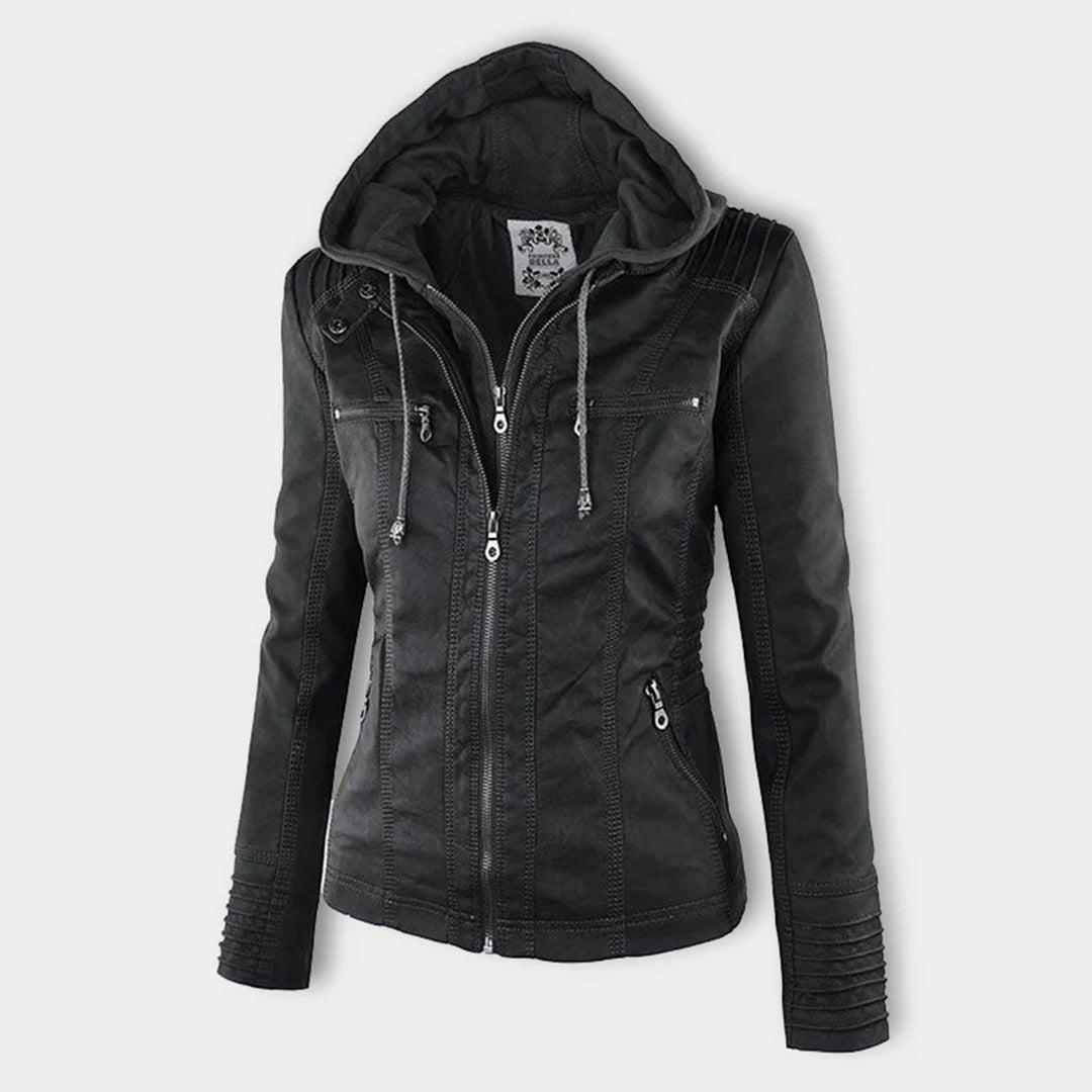 Effortless Faux Leather Moto Jacket for Women with Detachable Hood Long Sleeve Zip Front Casual Style