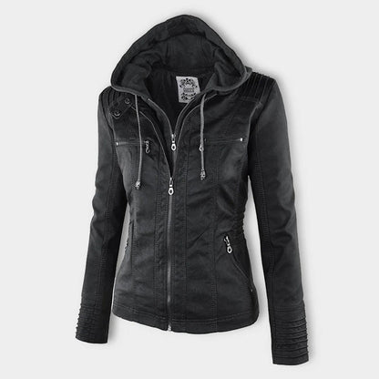 Effortless Faux Leather Moto Jacket for Women with Detachable Hood Long Sleeve Zip Front Casual Style