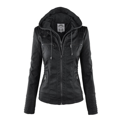 Effortless Faux Leather Moto Jacket for Women with Detachable Hood Long Sleeve Zip Front Casual Style