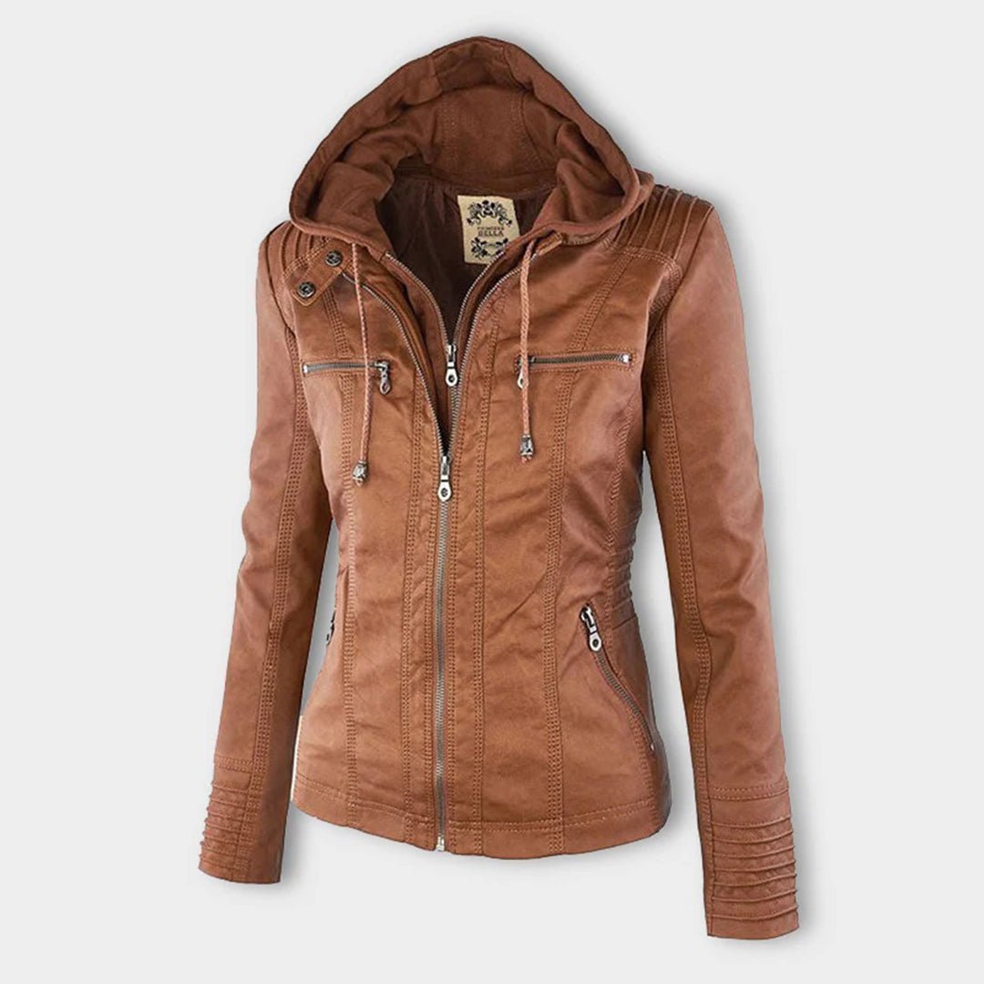 Effortless Faux Leather Moto Jacket for Women with Detachable Hood Long Sleeve Zip Front Casual Style