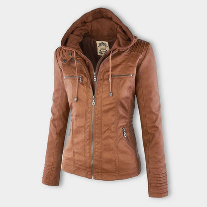 Effortless Faux Leather Moto Jacket for Women with Detachable Hood Long Sleeve Zip Front Casual Style
